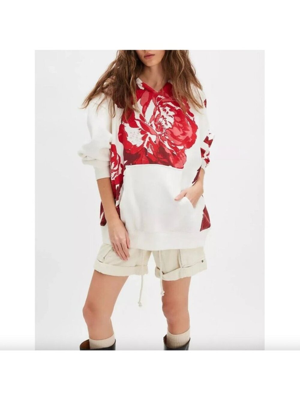 We the Free It's A Vibe Place Print Hoodie S Boho Oversized Loungewear Red Flora